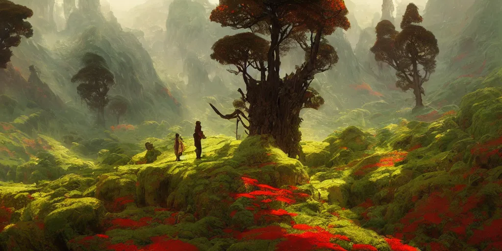 Prompt: beautiful landscape metal forests trees made of metal mountains rivers red and green leaves many layers waterfalls villages castles, buildings artstation illustration sharp focus sunlit vista painted by ruan jia raymond swanland lawrence alma tadema zdzislaw beksinski norman rockwell tom lovell alex malveda greg staples