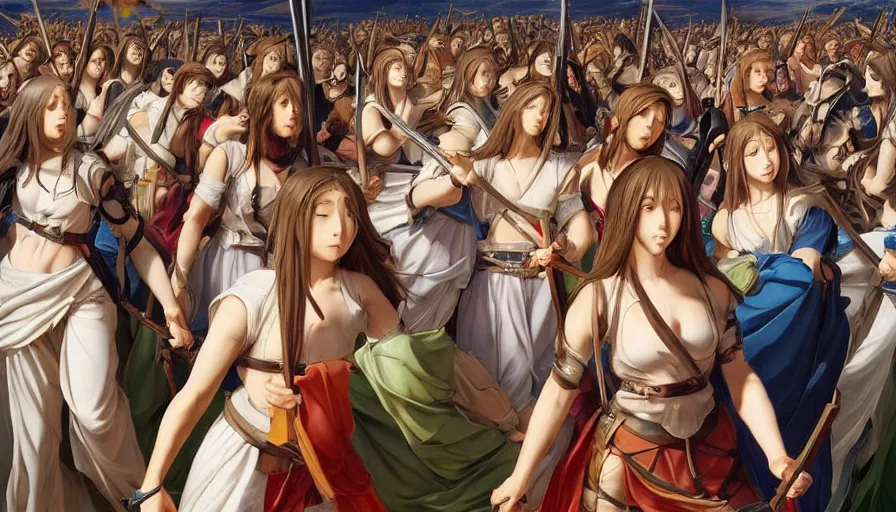 Image similar to jesus christ our lord leading an army of anime girls into battle, photorealistic, anime, mini skirt, long hair, renaissance painting, hyper real, detailed, closeup shot, ultra detailed