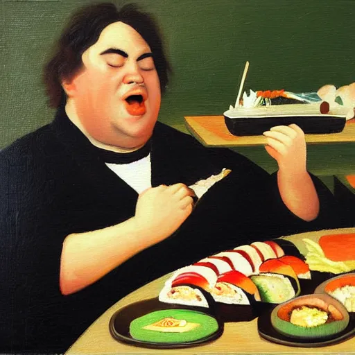 Prompt: huge fat caucasian man stuffing himself full of sushi at a sushi buffet, oil painting in a style of dutch masters