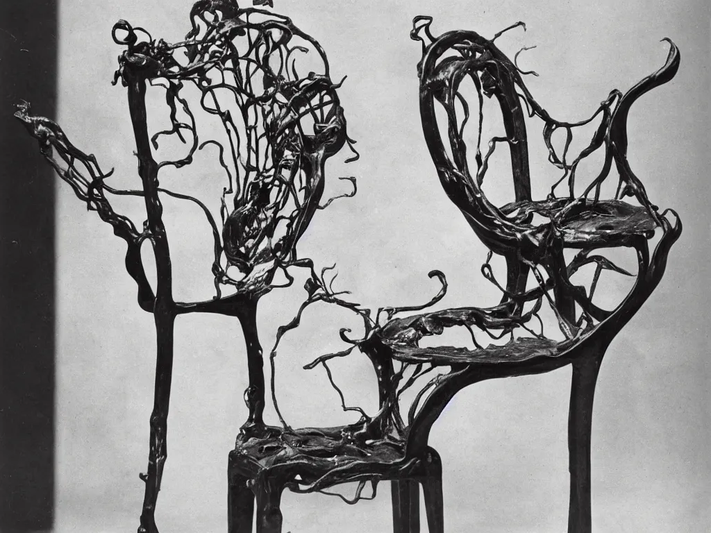 Image similar to flaming gothic chair with home of the wasp. karl blossfeldt, salvador dali