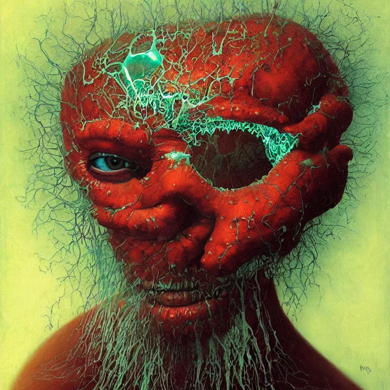 Prompt: Hyperrealistic intensely colored close up studio Photograph portrait of a deep sea bioluminescent Sting, symmetrical face realistic proportions eye contact, sitting in His throne underwater, award-winning portrait oil painting by Norman Rockwell and Zdzisław Beksiński vivid colors high contrast hyperrealism 8k
