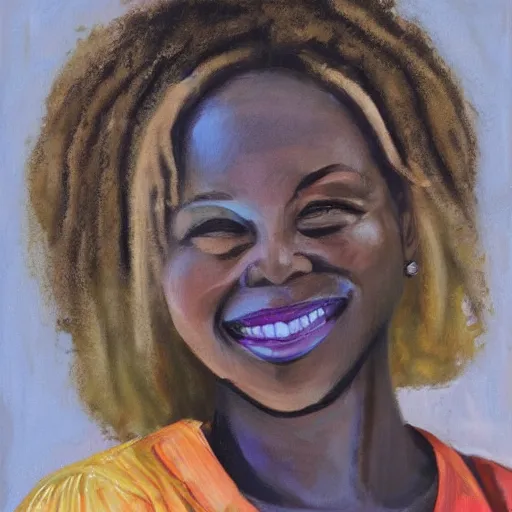 Prompt: portrait of a Black woman with blonde hair and smiling by Kevin Beilfuss.