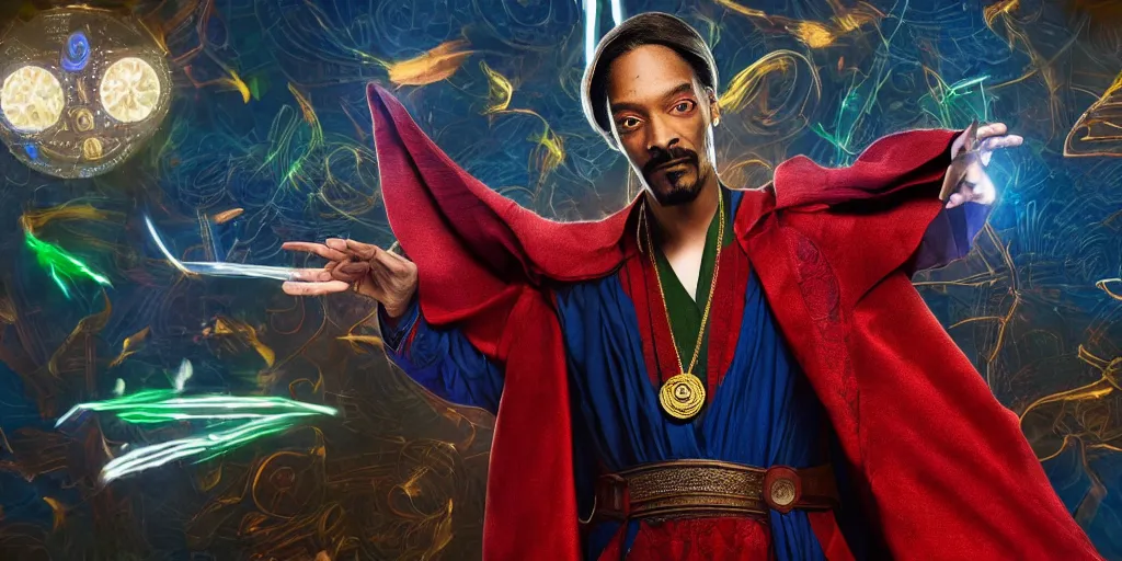 Image similar to snoop dogg as the doctor strange, marijuana leaves, green light, highly detailed, marvel cinematic universe, mcu, photo