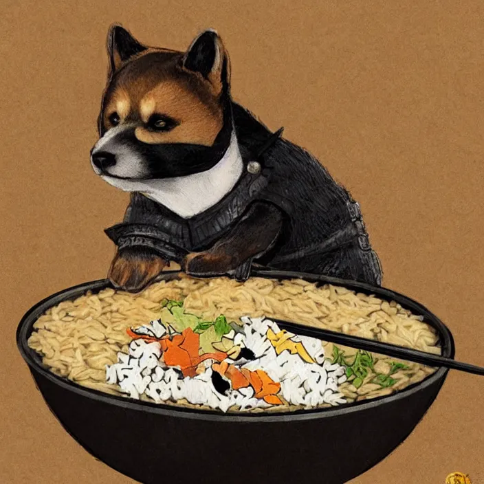 Image similar to a shiba-inu-samurai eating a bowl of rice, d&d concept art, incredible colors, heckin cool pupper