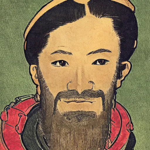 Image similar to a medieval hunter man with japanese ethnicity and stubble, chartreuse color scheme, fantasy character portrait by gustave baumann