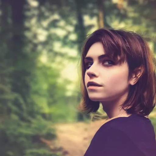 Prompt: an hd photo of a young woman with short brown hair and green eyes, trees in the background, night sky with stars and galaxies, trending on artstation, candid, profile photo