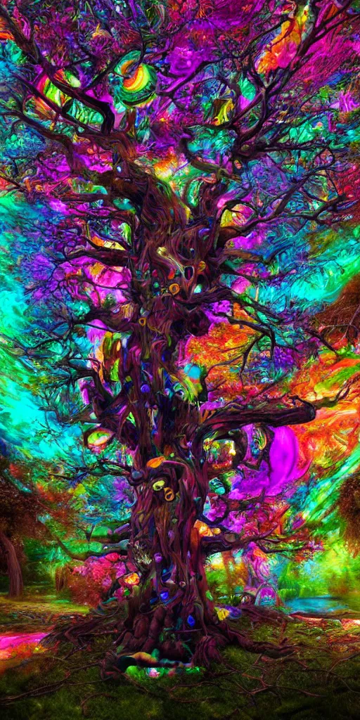 Image similar to impossibly beautiful tree of sacred knowledge, bad trip, insane smile, intricate complexity, surreal horror, inverted neon rainbow drip paint, trending on art station, photoreal, 8 k, octane render by greg rutkowski, and salvador dali