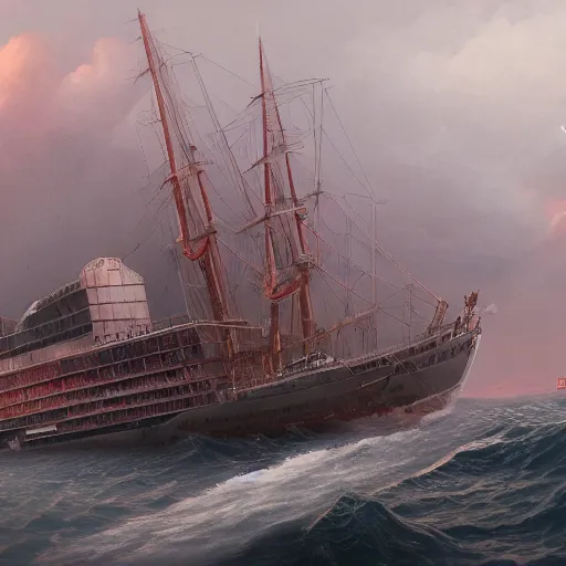 Image similar to a beautiful illustration of a sinking ship that looks like old trafford, frank weston and gustave baumann, trending on artstation, sharp focus, 8 k 4 k