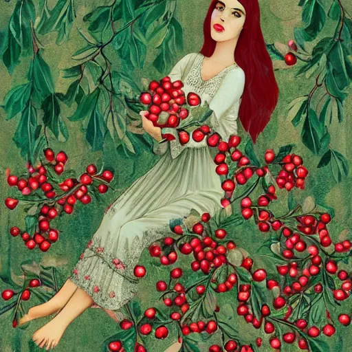 Prompt: Persephone surrounded by pomegranates, beautiful, modern