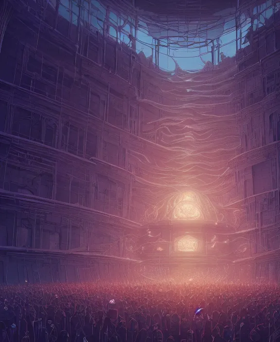 Prompt: an elegant, simple building made of viscera and body parts, crowds of people, by dan mumford, yusuke murata, makoto shinkai, ross tran, cosmic, heavenly, god rays, intricate detail, cinematic, unreal engine, cel shaded, featured on artstation, pixiv