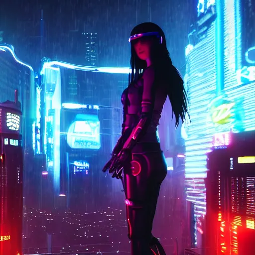 Image similar to « glowing neon lights, sunrise, cyberpunk, alita battle angel, blade runner, rainy, cold, clouds, far view, photorealistic, unreal engine 5, attractive girl sharp focus »