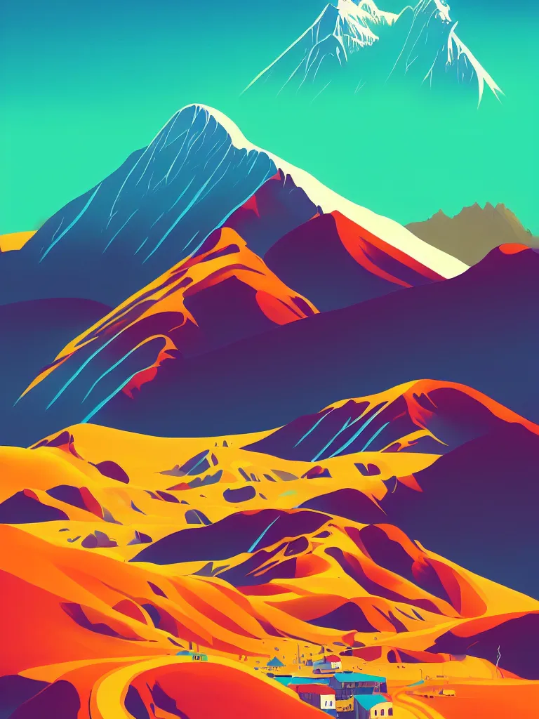 Image similar to a travel poster illustration depicting vinicunca mountain in peru, vintage style, white architecture, digital painting, vector art, trending on artstration, by anton fadeev, by alena aenami