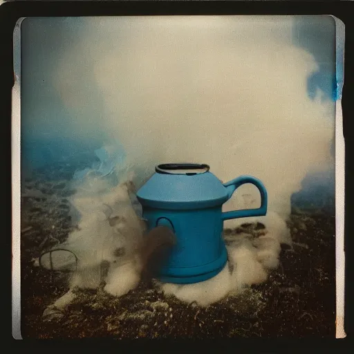 Prompt: huge teapots, cloth and smoke underwater polaroid