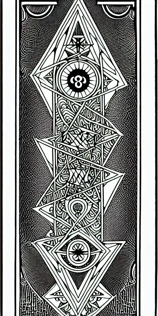 Image similar to a beautiful black and white fractal tarot card featuring bold occult imagery with clean lines. circuit board. detailed adult coloring book