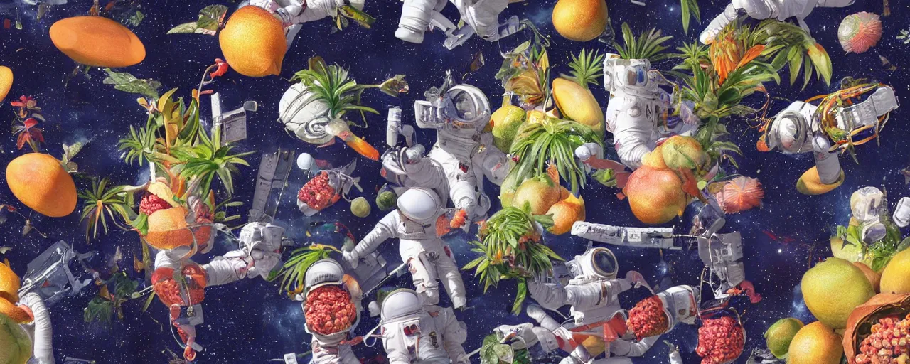 Prompt: hyperdetailed photorealistic astronauts holding tropical fruits, seen from the long distance. sci-fi flemish baroque mixed media elements. pastel tones. NASA pic. matte background HD 8x