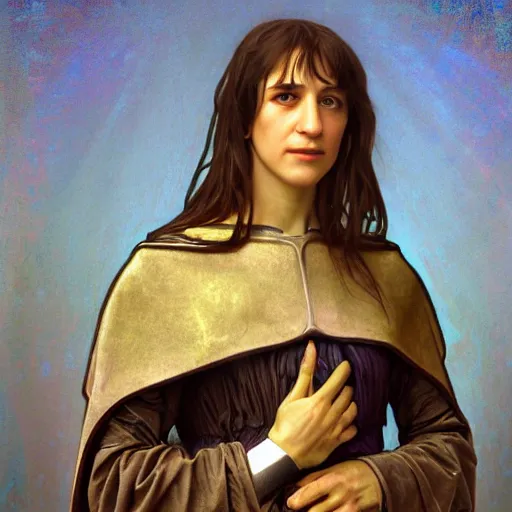 Image similar to portrait of charlotte gainsbourg as joan of arc, hyperreal digital painting, iconography influenced by alphonse mucha and eugene delacroix, arstation and deviantart trends, high resolution 8 k