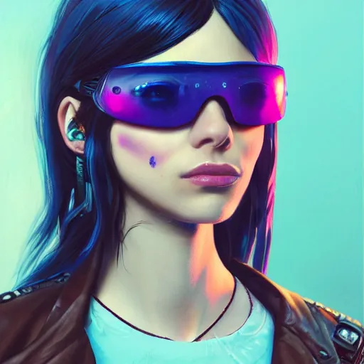 Image similar to very detailed masterpiece closeup painting of a very beautiful young mexican cyberpunk woman with light blue shutter shades, one side haircut, long brown hair with light blue ends, purple leather jacket, beauty mark on cheek, portrait, synthwave background, artstation, concept art by greg rutkowski