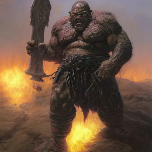 Image similar to orc warlord berserker, wielding a big hammer, stuning 3 d render, masterpiece, glowing aura, by donato giancola and greg rutkowski and wayne barlow and zdzisław beksinski, realistic face