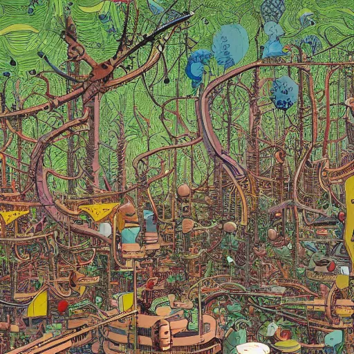 Image similar to a panoramic painting of a mechanical forest by Dan Santat and Geof Darrow, high detail, masterpiece