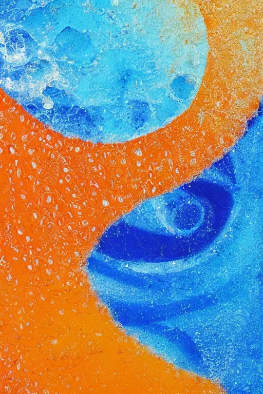 Image similar to a art work of summer ,water,wave , orange and orange slices,blue theme and Yellow accents,Colour composition by Kenya Hara