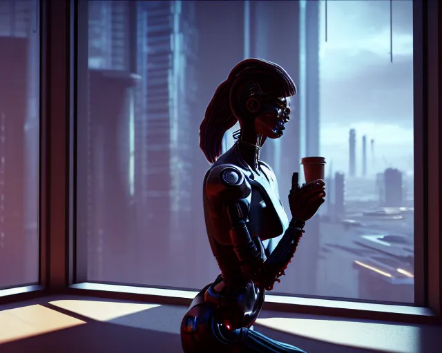 Image similar to a terminator cyborg lady with borg implants and optical fibers is drinking coffee near a window with dystopian city visible outside. very detailed 8 k. cyberpunk style. unreal engine render. global illumination. nanite. rtx. path tracing.