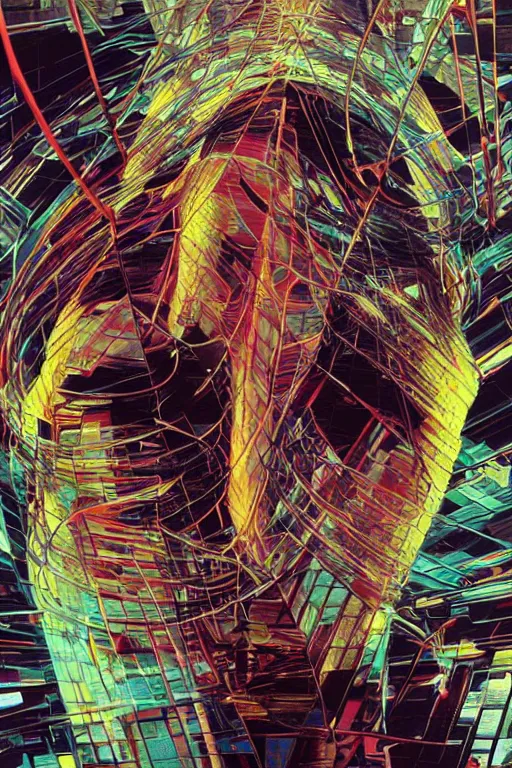 Prompt: wideangle portrait, a wild dancer tangled in broken tensor fields, madness, decoherence, synthwave, glitch!!, fractured reality, vortex, realistic, hyperdetailed, concept art, art by syd mead, cubism