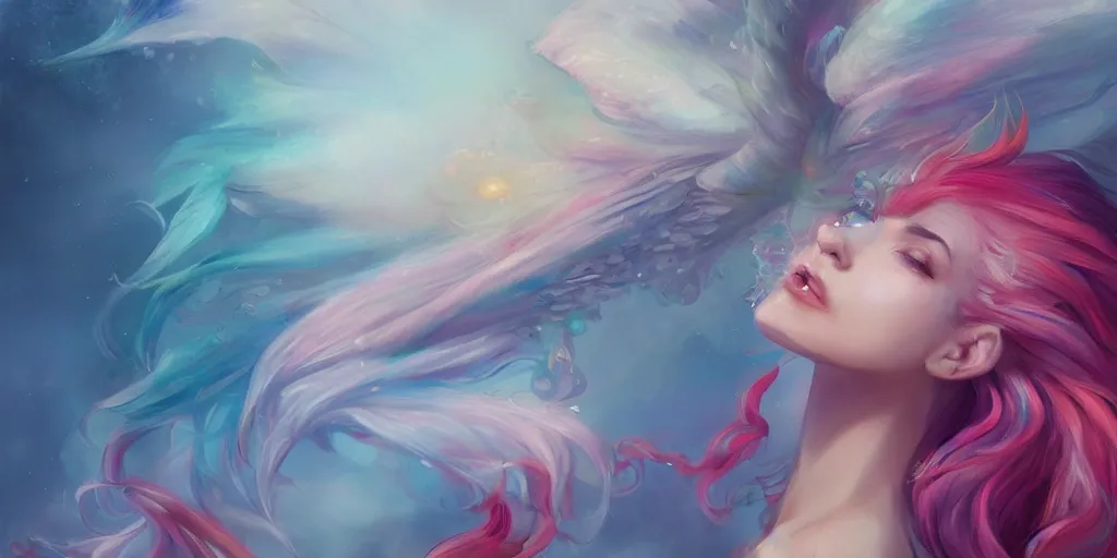 Image similar to a colorful and provenance portrait painting of a fantasy female with floral wings, detailed, highly detailed, hair made of hair made of air wind and curling smoke, mist, dust, genie, spirit fantasy concept art ， art by charlie bowater and by aenami, trending on artstation.