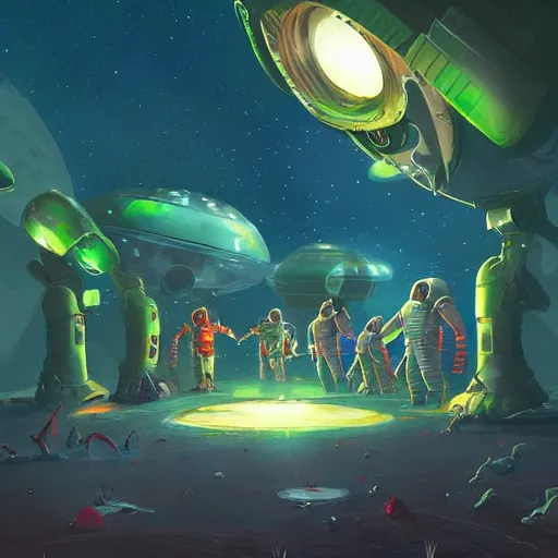 Prompt: Astronauts are having a party with green aliens and some dinosaurs on a blue comet and a red dwarf is as background, by Jordan Grimmer digital art, trending on Artstation,