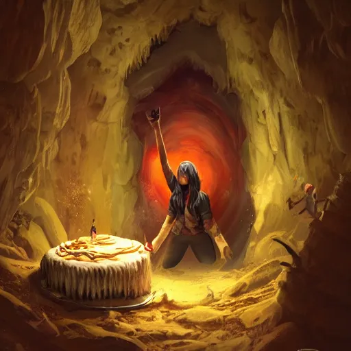 Image similar to an adventurer finding a big delicious cake in a dark mysterious cave, digital art, highly-detailed, artstation cgsociety masterpiece