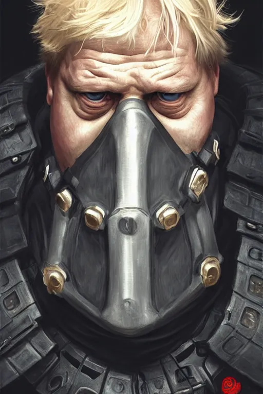 Image similar to Boris Johnson as a Bane from Dark Knight, Boris Johnson hairstyle, realistic portrait, symmetrical, highly detailed, digital painting, artstation, concept art, smooth, sharp focus, illustration, cinematic lighting, art by artgerm and greg rutkowski and alphonse mucha