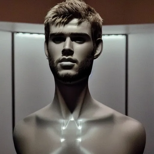 Image similar to “a realistic detailed photo of a guy who is an attractive humanoid who is half robot and half humanoid, who is a male android, actor Liam Hemsworth, shiny skin, posing like a statue, blank stare, at the museum, on display”