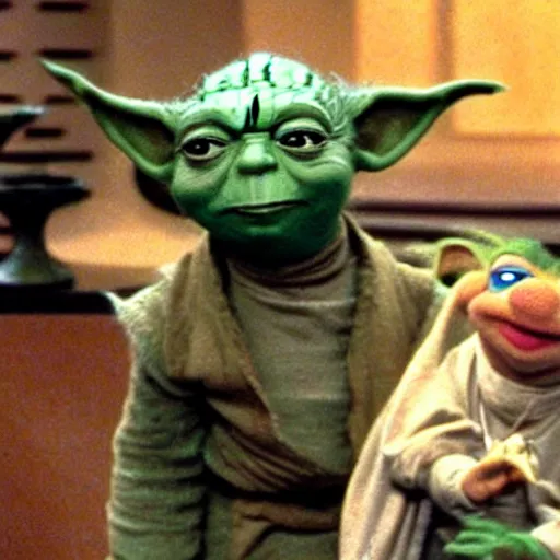 Prompt: yoda hosting the muppet show