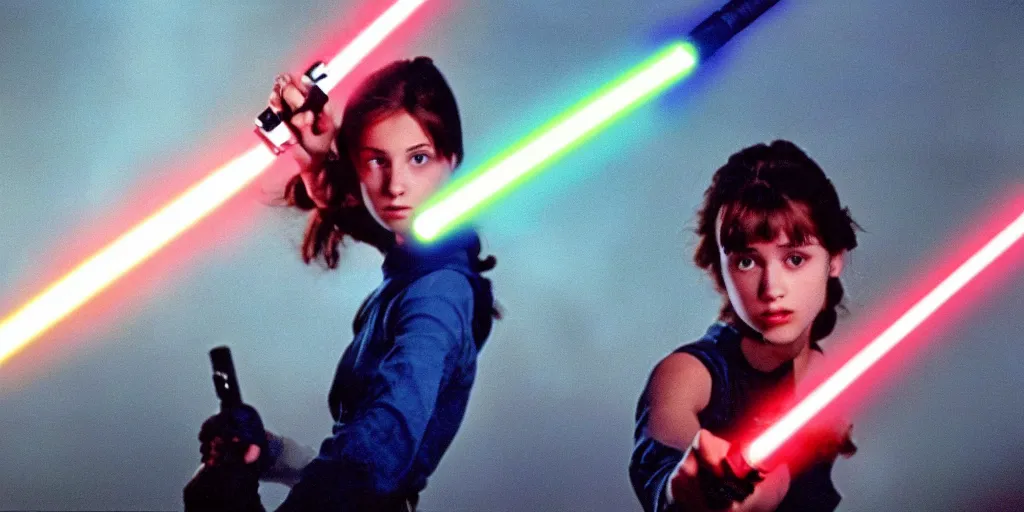 Prompt: a full color still of a teen brunette girl holding a lightsaber with a sci-fi battle in the background, cinematic lighting, 1999, directed by Steven Spielberg, 35mm