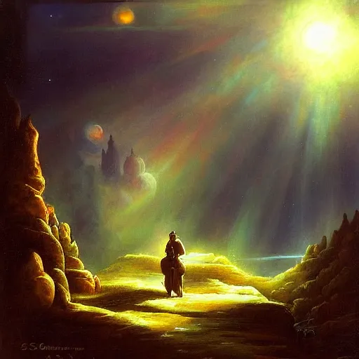 Image similar to mercenary traveling in the outer darkness by sue bierstadt