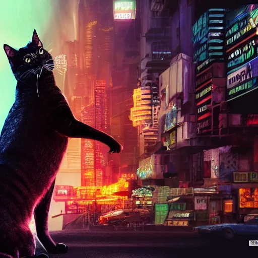 Image similar to bombay cat attacking a cyberpunk city like godzilla, cinematic, colorful, funny, chaotic, 8 k, computer wallpaper.