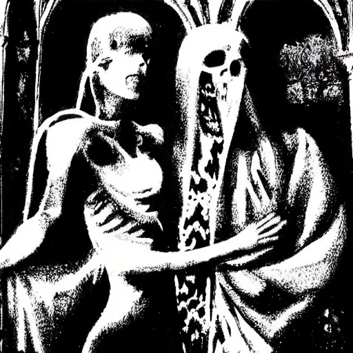 Prompt: “ sandman and his sister death in a ghotic chatedral ”