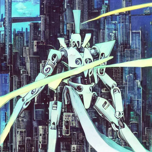Prompt: 1 9 9 0 s anime screenshot of a sleek, slender, human - scale mecha suit defending the city streets, designed by hideaki anno, drawn by tsutomu nihei, and painted by zdzislaw beksinski