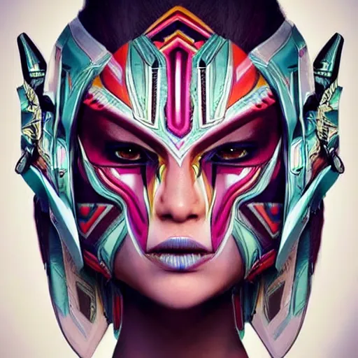 Image similar to a female transformer with tribal paint, flirty eyes, very symmetrical face, highly detailed, by vitaly bulgarov, by steven zavala, by matt tkocz, by shane baxley, transformers cinematic universe, pinterest, deviantart artstation _ h 7 5 0