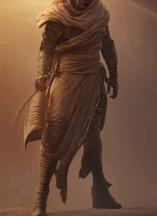 Prompt: concept art of a fremen warrior, ultra realistic, octane render, 8 k, hd, realistic lighting, moody, dramatic