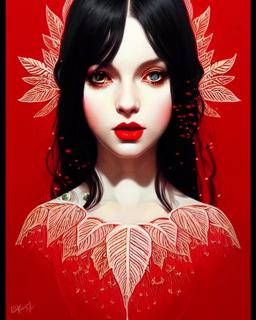 Image similar to highly detailed beautiful pale skin hippie, black hair, flying leaves on backround, symmetrical, red lips, paint by ilya kuvshinov and anna dittman trending on artstation, intricate details, energetic composition, golden ratio, concept art, illustration, elegant art