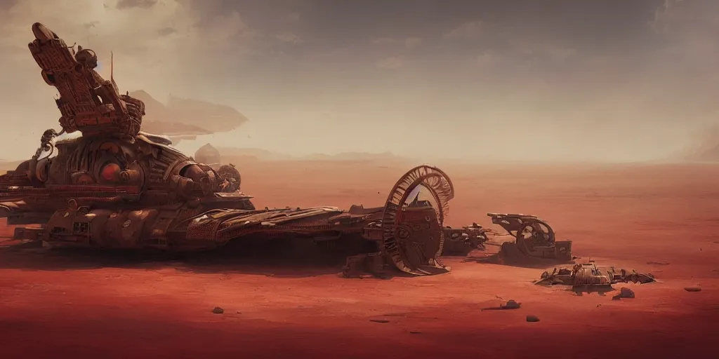 Prompt: sci - fi steampunk hovercraft in a red desert, greg rutkowski, 8 k, shallow depth of field, intricate detail, concept art,