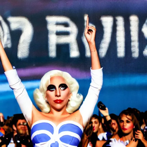 Image similar to Lady Gaga as Evita, Argentina presidential rally, Argentine flags behind, bokeh, epic photo, detailed face, Argentina