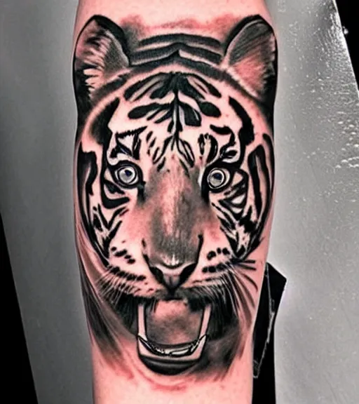 Image similar to tattoo design of a beautiful girl warrior under a tiger head, hyper realistic, realism tattoo, by eliot kohek, beautiful eyes, realistic face, black and white, white background