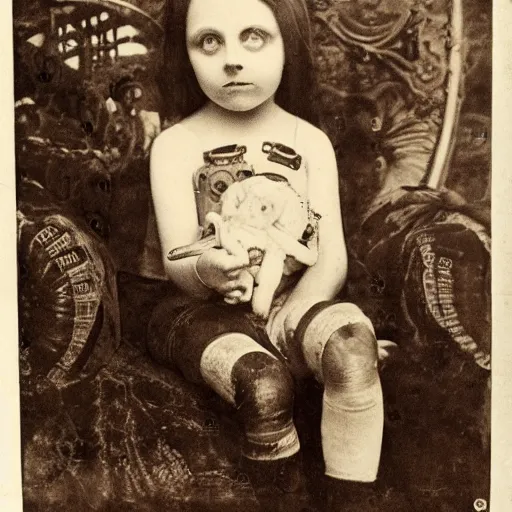 Image similar to a photo of young sad victorian gothic child with big eyes and wide grin sitting on a sofa of bones surrounded by a cyber futuristic cityscape made of human body parts, 5 0 mm, perfect faces