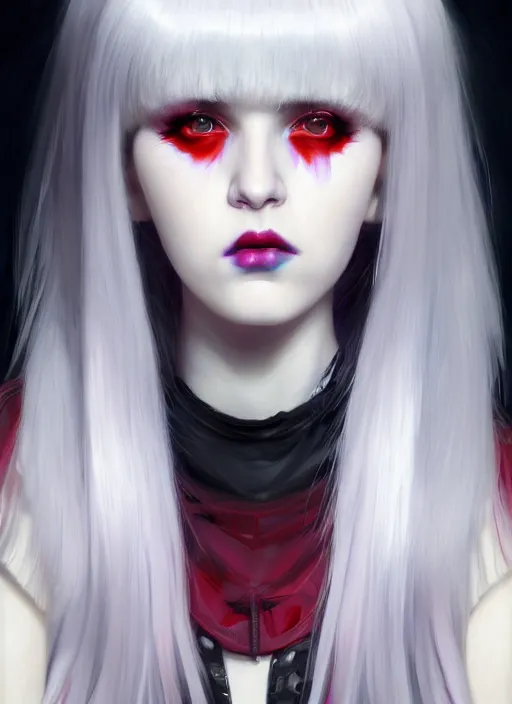 Image similar to portrait of white teenage girl, normal face, white bangs, mall goth, cyberlox, black and white hair, bangs, fluffy bangs, red contact lenses, purple lipstick, intricate, elegant, highly detailed, digital painting, artstation, concept art, sharp focus, smooth, illustration, art by wlop, mars ravelo and greg rutkowski