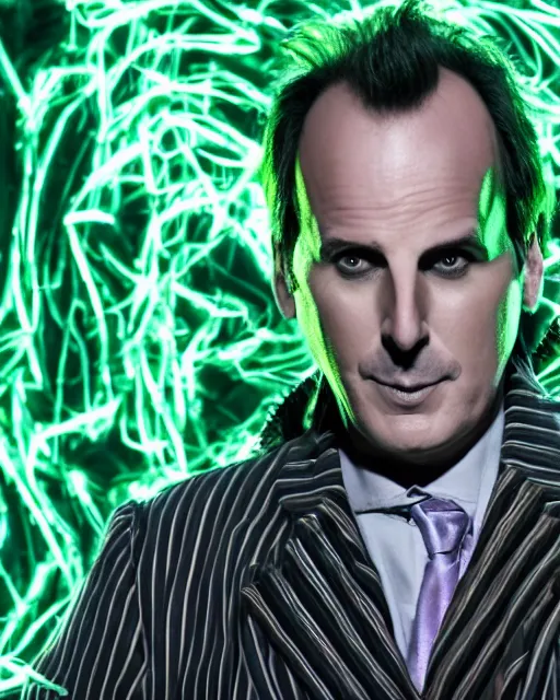 Prompt: Will Arnett as Beetlejuice, green hair, cinematic lighting, 4k photograph