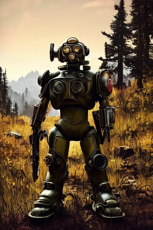 Image similar to fallout 7 6 power armor, hyper realistic, design by mark ryden and pixar and hayao miyazaki, unreal 5, daz, hyperrealistic, octane render, cosplay, rpg portrait, dynamic lighting, intricate, that looks like it is from borderlands and by feng zhu and loish and laurie greasley, victo ngai, andreas rocha, john harris