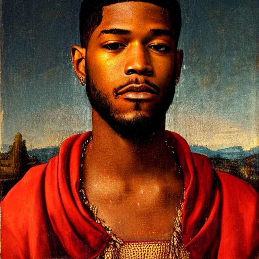 Prompt: a renaissance style portrait painting of kid cudi