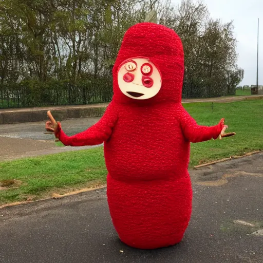 Image similar to dole man in strawberry costume