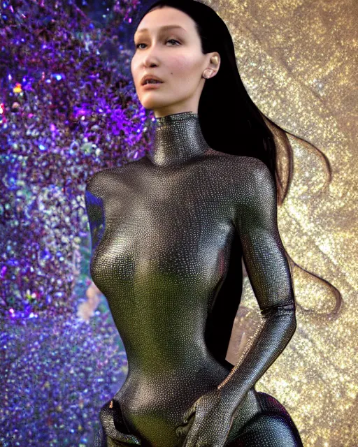 Prompt: a highly detailed metahuman 4 k close up render of a bella hadid as black latex monument renaissance in iris van herpen dress schiaparelli in diamonds crystals swarovski and jewelry iridescent in style of alphonse mucha gustav klimt trending on artstation made in unreal engine 4